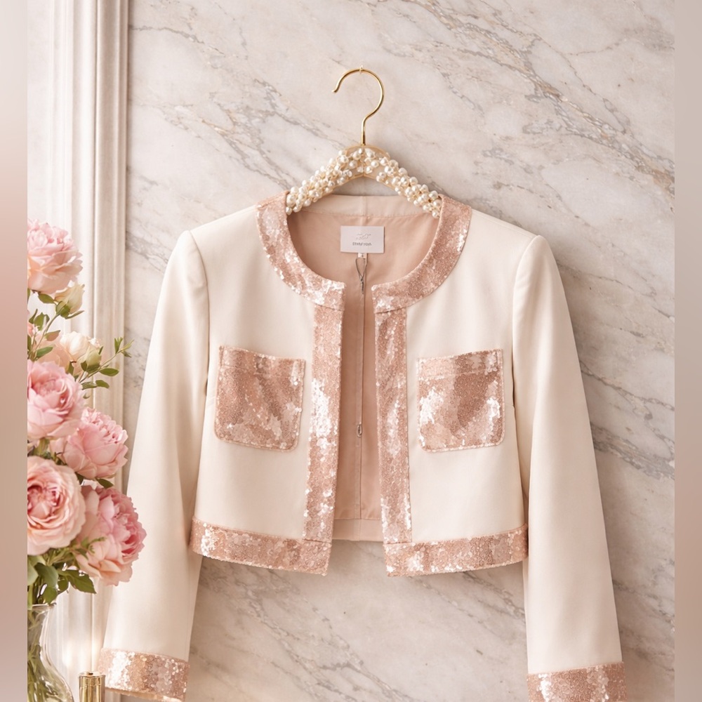 NWT Cinq à Sept Rina Sequin Cropped Jacket Blush Pink $595 Retail Size 6